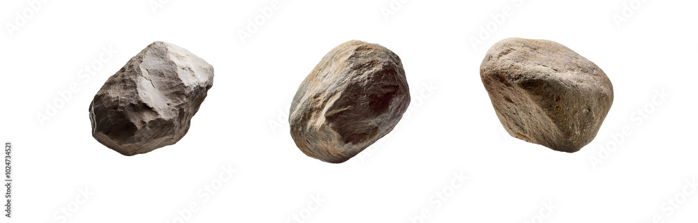 Poster three isolated stones, each with a unique texture and shape, against a plain white background.