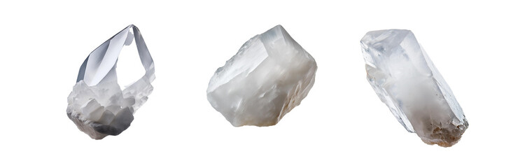Fototapeta premium Three isolated, clear crystal formations on a white background.