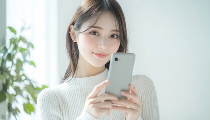 A closeup of a beautiful woman holding a smartphone