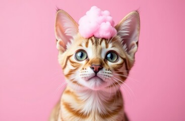 Cute kitten with candy floss on its head against a pink backdrop indoors