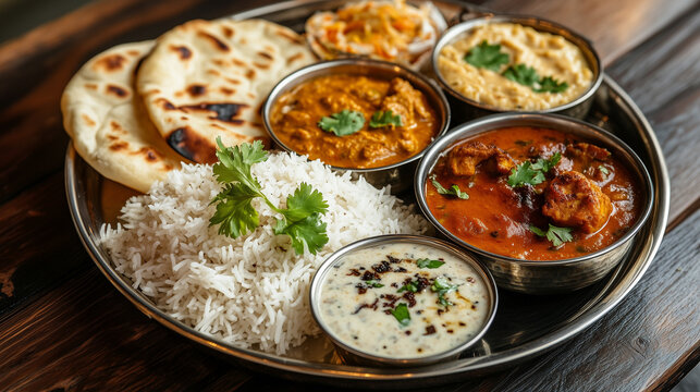 Photo of Indian tali with different curries, rice and naan bread