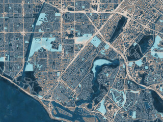 Painterly Style City Map of Costa Mesa California, USA in a Blue Color Scheme.