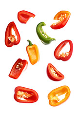 Flying falling peppers isolated on transparent or white background, png