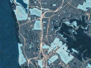 Painterly Style City Map of Daly City California, USA in a Blue Color Scheme.