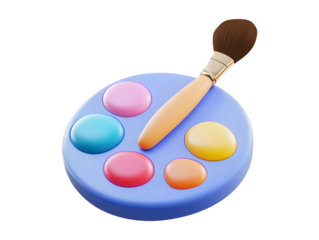 Painting palette with brush 3d icon isolated on transparent or white background, png