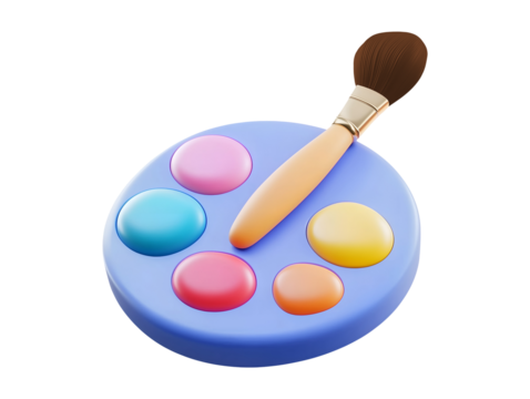 Painting palette with brush 3d icon isolated on transparent or white background, png