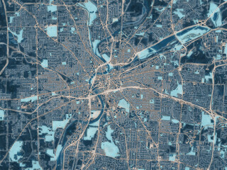 Painterly Style City Map of Dayton Ohio, USA in a Blue Color Scheme.