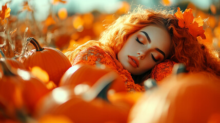 Beautiful woman in orange dress sleeping in a pumpkin patch, halloween design, perfect as wallpaper or background. 