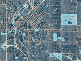 Painterly Style City Map of Denver Center Colorado, USA in a Blue Color Scheme.