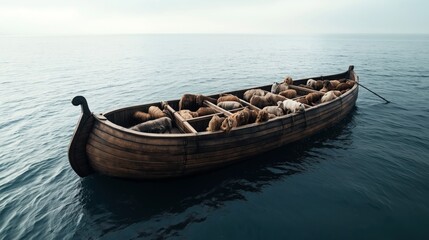 Obraz premium Wooden boat filled with sheep floating on calm open sea under overcast sky