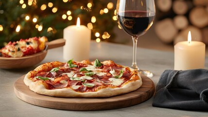 Candlelit setting with a pizza and wine pairing, capturing the cozy, inviting atmosphere with soft, warm light