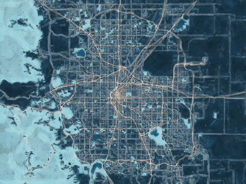 Painterly Style City Map of Denver Colorado, USA in a Blue Color Scheme.