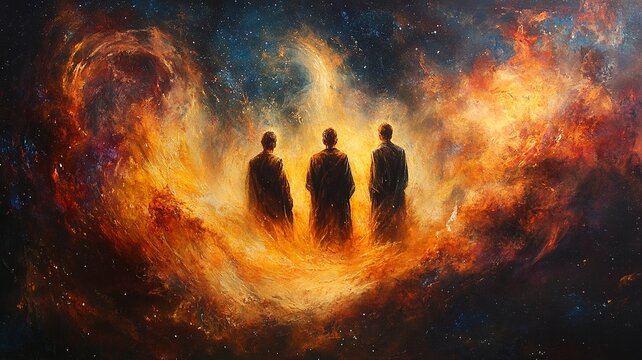 Depiction of Shadrach, Meshach, and Abednego standing firm in a fiery furnace amidst a vibrant nebula, highlighted by divine light rays symbolizing their faith. Blank area for copy space.