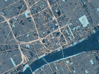 Painterly Style City Map of Detroit Center Michigan, USA in a Blue Color Scheme.