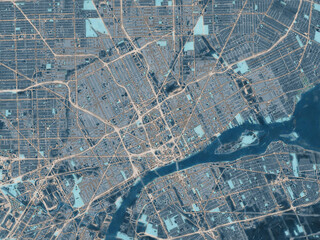 Painterly Style City Map of Detroit Michigan, USA in a Blue Color Scheme.