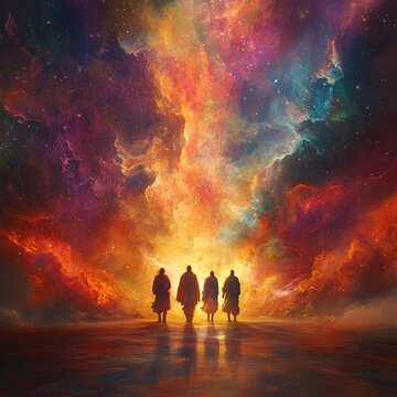 Depiction of Shadrach, Meshach, and Abednego standing firm in a fiery furnace amidst a vibrant nebula, highlighted by divine light rays symbolizing their faith. Blank area for copy space.