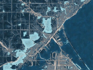 Painterly Style City Map of Dulluth Minnesota, USA in a Blue Color Scheme.