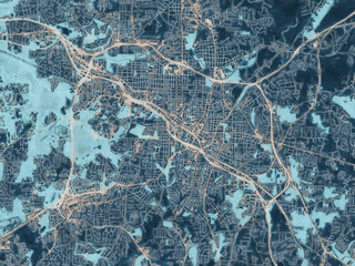 Painterly Style City Map of Durham North Carolina, USA in a Blue Color Scheme.
