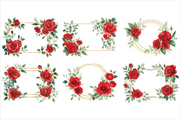 Watercolor Frame with Red Roses Vector Bundle