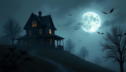 Spooky haunted house under a full moon with bats flying in a misty night atmosphere

