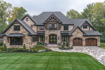 A stunning, modern suburban home featuring a beautifully landscaped front yard and exquisite architecture combining stone and wood elements