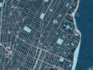 Painterly Style City Map of East Village  New York, USA in a Blue Color Scheme.