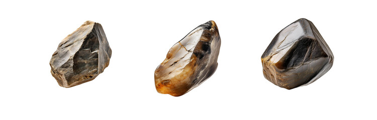 Three isolated, rough, irregularly shaped stones with varying color tones of brown, gray, and black.