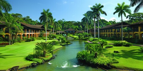 Obraz premium Serene tropical resort surrounded by lush palm trees, vibrant gardens, and a tranquil river flowing through the landscape under a clear blue sky