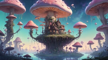 floating island with big magical plants concept