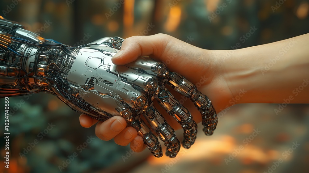Poster engineer shaking hands with robot in robotics laboratory