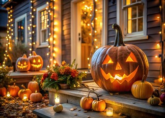 Obraz premium Cozy cottage with fall decorations, pumpkins on the front porch and a wreath. A festive Halloween display of illuminated pumpkins and autumn decorations on a cozy home porch in the evening light