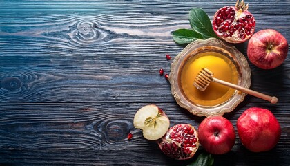 rosh hashana jewish holiday concept apples honey pomegranate rustic wood background