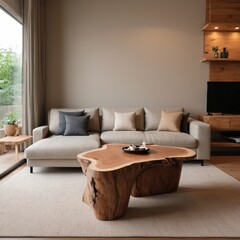 Live edge coffee table near corner sofa. Japandi interior design of modern living room, home.