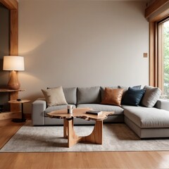 Live edge coffee table near corner sofa. Japandi interior design of modern living room, home.