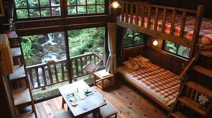 A cozy wooden cabin interior with bunk beds and large windows overlooking a scenic waterfall surrounded by lush greenery, creating a peaceful retreat
