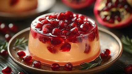 Vibrant pomegranate jelly dessert with fresh fruit and rosemary garnish