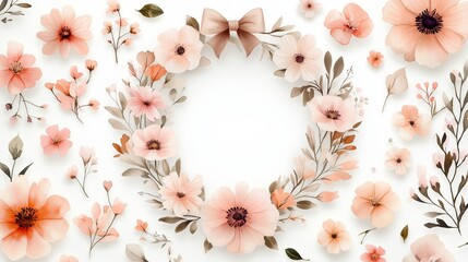 Floral wreath decorated with a bow on a white background