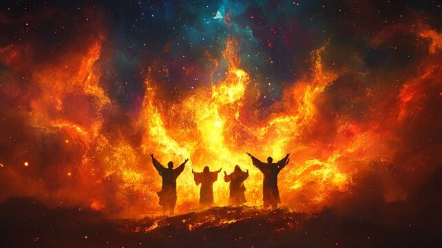 Depiction of Shadrach, Meshach, and Abednego standing firm in a fiery furnace amidst a vibrant nebula, highlighted by divine light rays symbolizing their faith. Blank area for copy space.