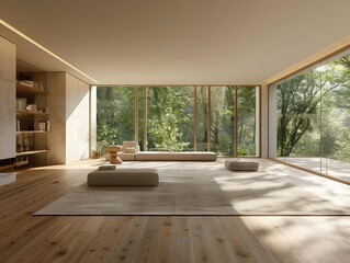 Fototapeta premium spacious modern living room bathed in natural light, expansive wood flooring, minimalist furniture, large windows framing lush outdoor views