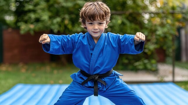 A child practicing ninja-inspired moves in a backyard obstacle course, channeling their inner warrior, [International Ninja Day], [active play, childhood imagination], , - Powered by Adobe