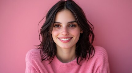 Fototapeta premium Spring portrait of smiling woman in pink sweater for fashion and beauty design