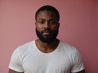 A strong, serious black man in a white T-shirt against a pink wall