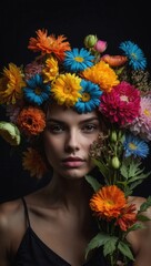 Young woman with vibrant floral crown, solid gray background