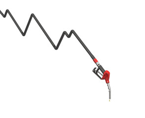 Falling gasoline prices. Fuel hose and fuel gun. The hose is shaped like a graph down trend, an decrease in fuel consumption or prices. 3d illustration. Isolated on white background.