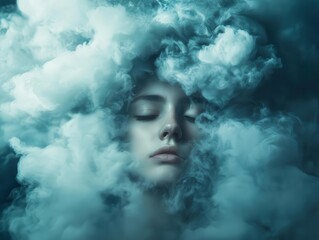 surreal portrait of a young woman with her head enveloped in a swirling, ethereal cloud, symbolizing the complexities of mental health and inner struggles