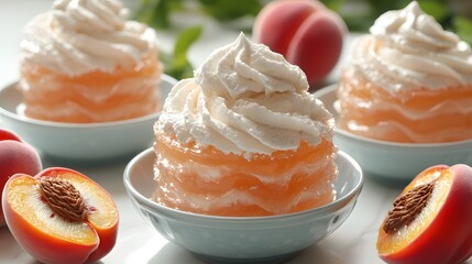 Delicious peach jelly desserts with whipped cream in elegant ceramic bowls