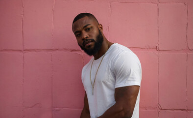 A strong, serious black man in a white T-shirt against a pink wall