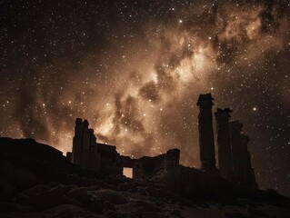 Obraz premium swirling galactic arms of the milky way stretch across a velvet-black sky. foreground silhouettes of ancient ruins on an alien planet add mystery and scale.