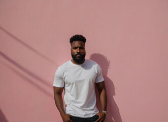 A strong, serious black man in a white T-shirt against a pink wall
