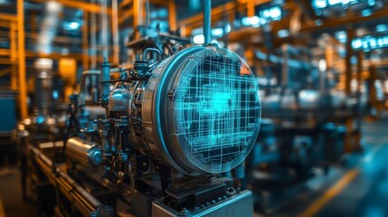 Fototapeta premium Holographic projection of industrial products in modern factories highlights advanced manufacturing technology, digital innovation, and high-tech industrial processes, integrating futuristic elements